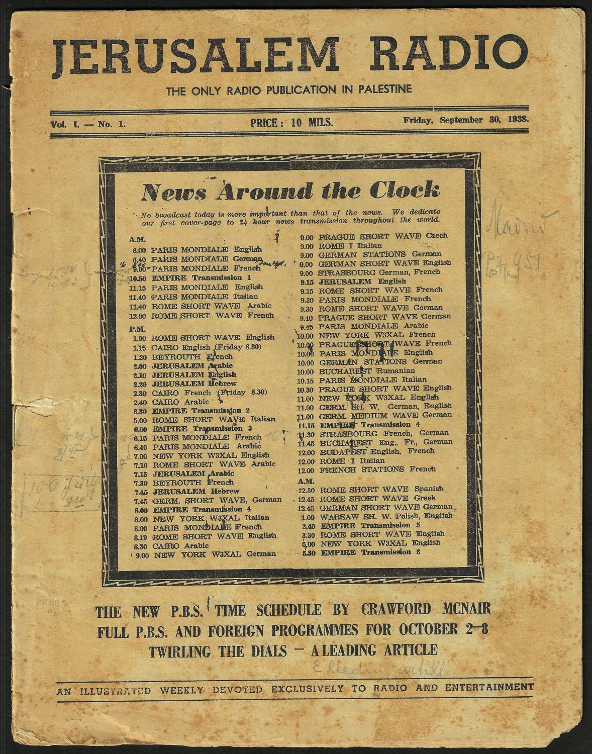 Jerusalem Radio Vol.1 No.1, Friday, September 30, 1938 Coverpage in English