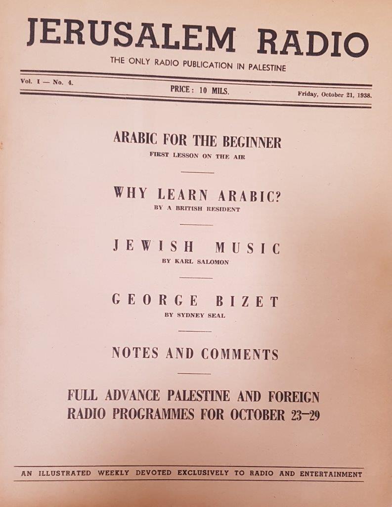 Jerusalem Radio Vol.1 No.4, Friday, October 21, 1938 Coverpage in English