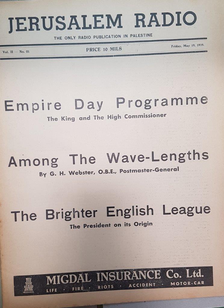 Jerusalem Radio: Vol.2 No.21, Friday, May 19, 1939 Coverpage in English
