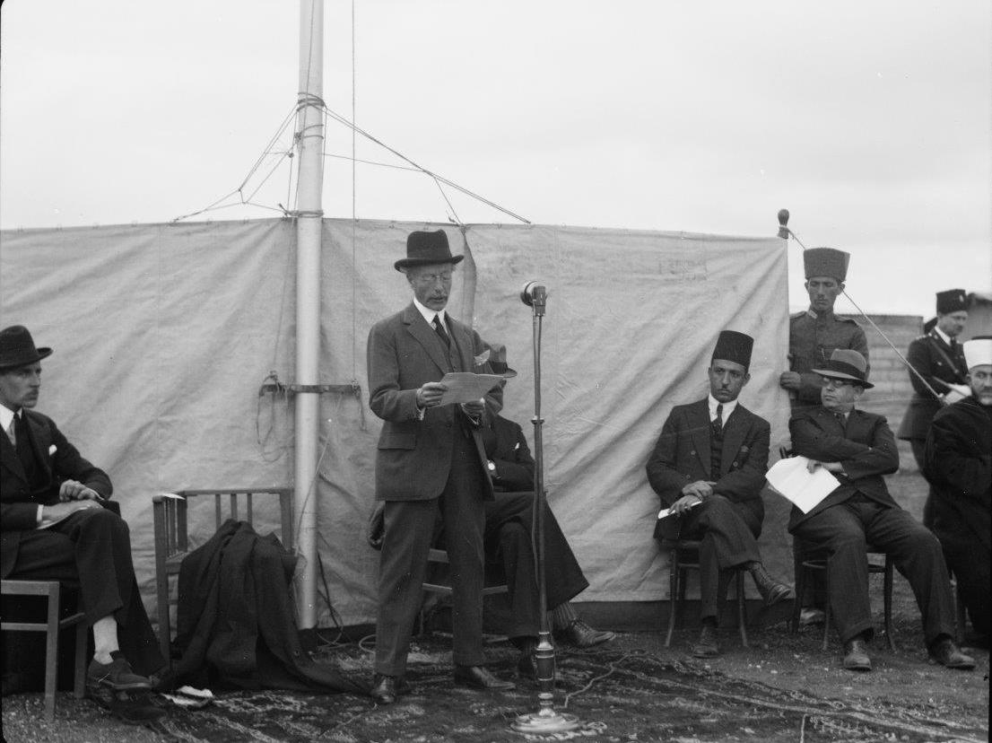 The High Commissioner, Arthur Wauchope, giving inaugural address of the PBS, March 30, 1936